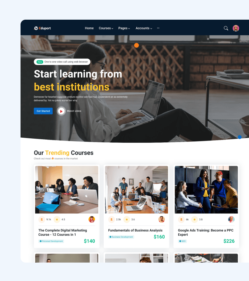 Course catalogue with lesson video and progress tracking