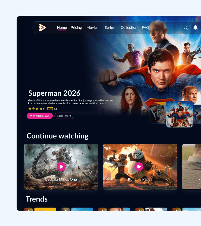 Film and series catalogue on a streaming home screen with featured artwork