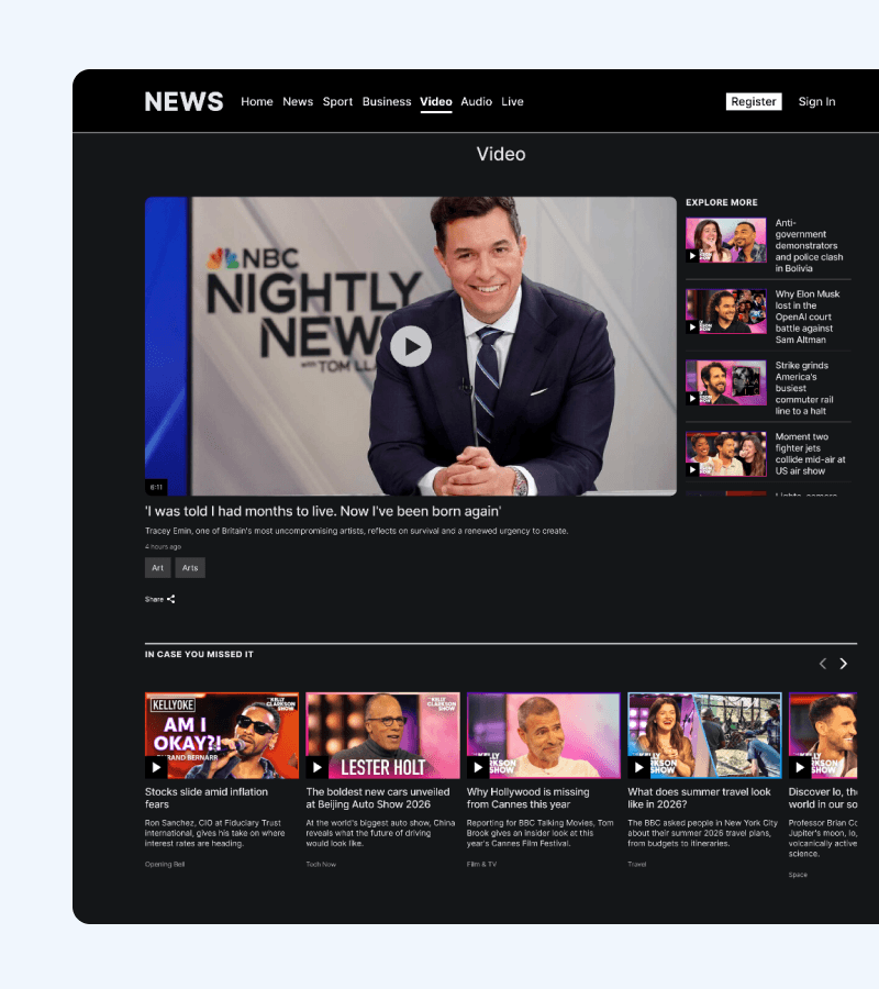 News channel page with a live stream and catch-up bulletins