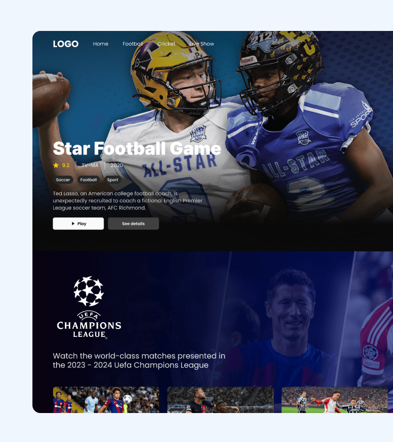 Live sports fixture page with a match player and highlight clips