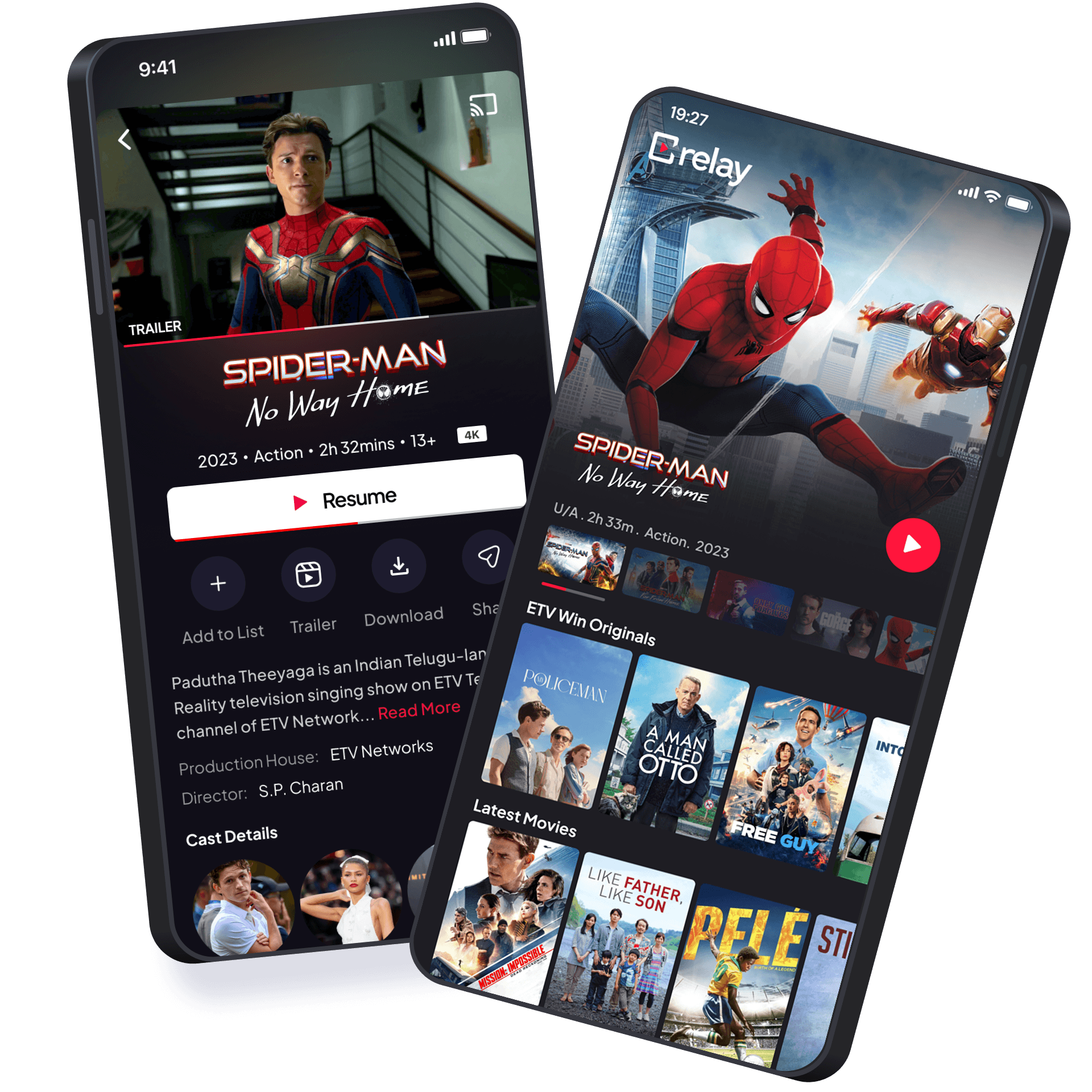 Innocrux OTT app on two phones, showing a title page with trailer and download controls beside a catalogue of originals and latest movies