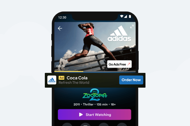 Ad-supported playback with a pre-roll banner and an ad-free upgrade prompt