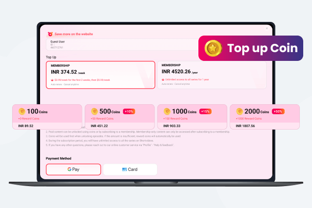Coin top-up screen with reward-coin bundles and in-app payment options