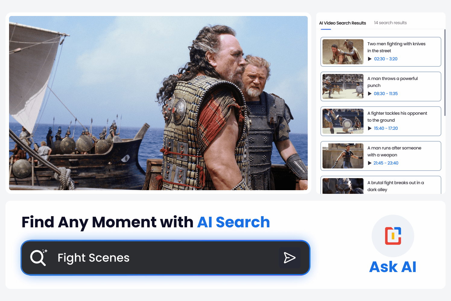 Innocrux AI scene search: a “fight scenes” query returning matching moments with timecodes