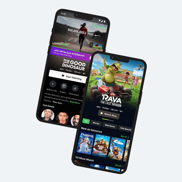 Innocrux streaming app on two phones showing a title page with a VIP upgrade and the on-demand catalogue