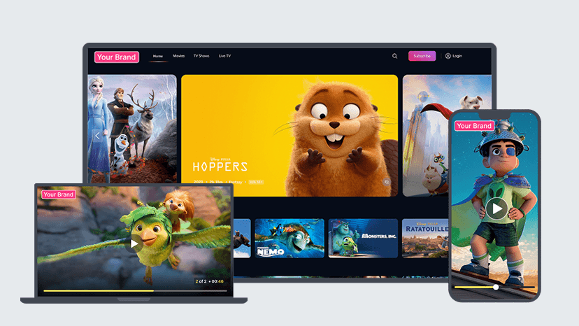 Innocrux OTT platform storefront running on a smart TV, laptop and phone