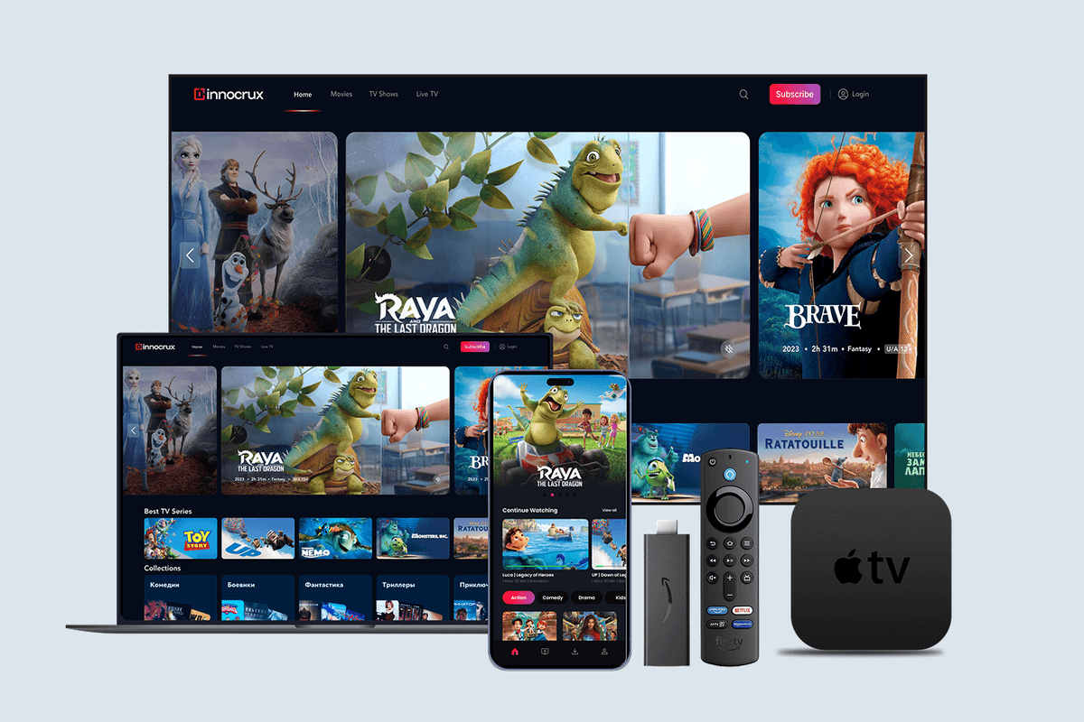 The Innocrux player carrying its own branding on smart TV, laptop, phone, Fire TV and Apple TV