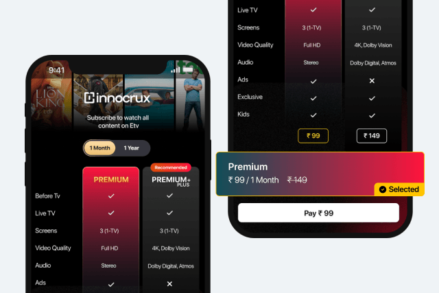 Subscription plan picker comparing monthly and yearly SVOD tiers
